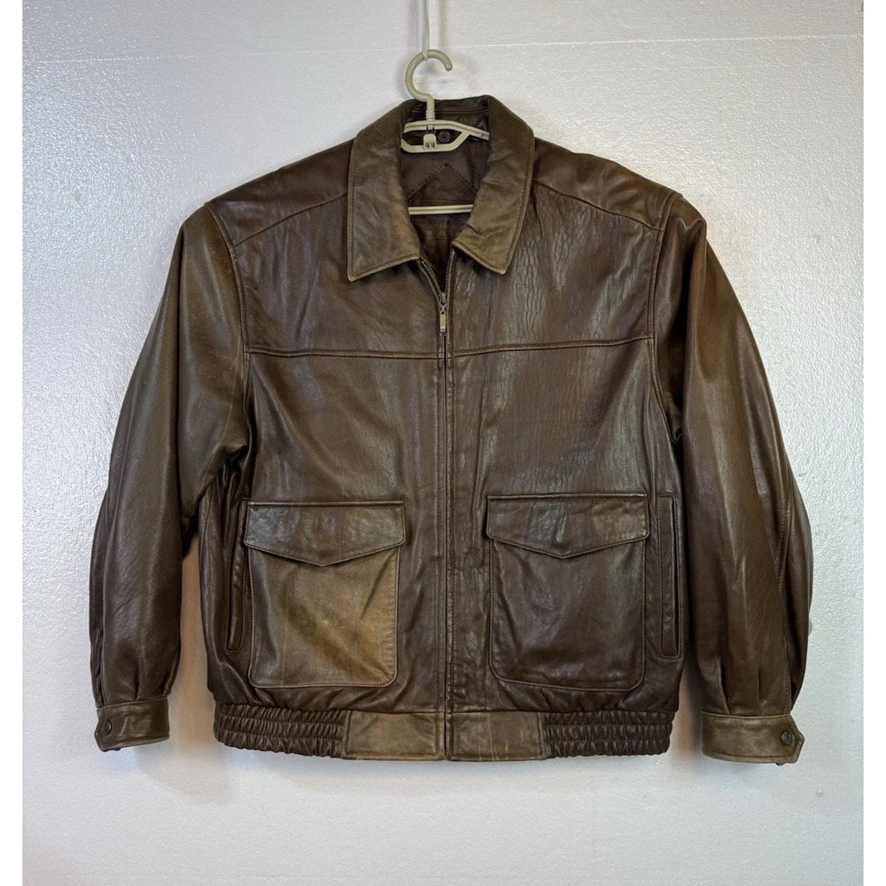 Roundtree & Yorke Bomber Jacket Mens Sz L Distressed Brown Lambskin Leather